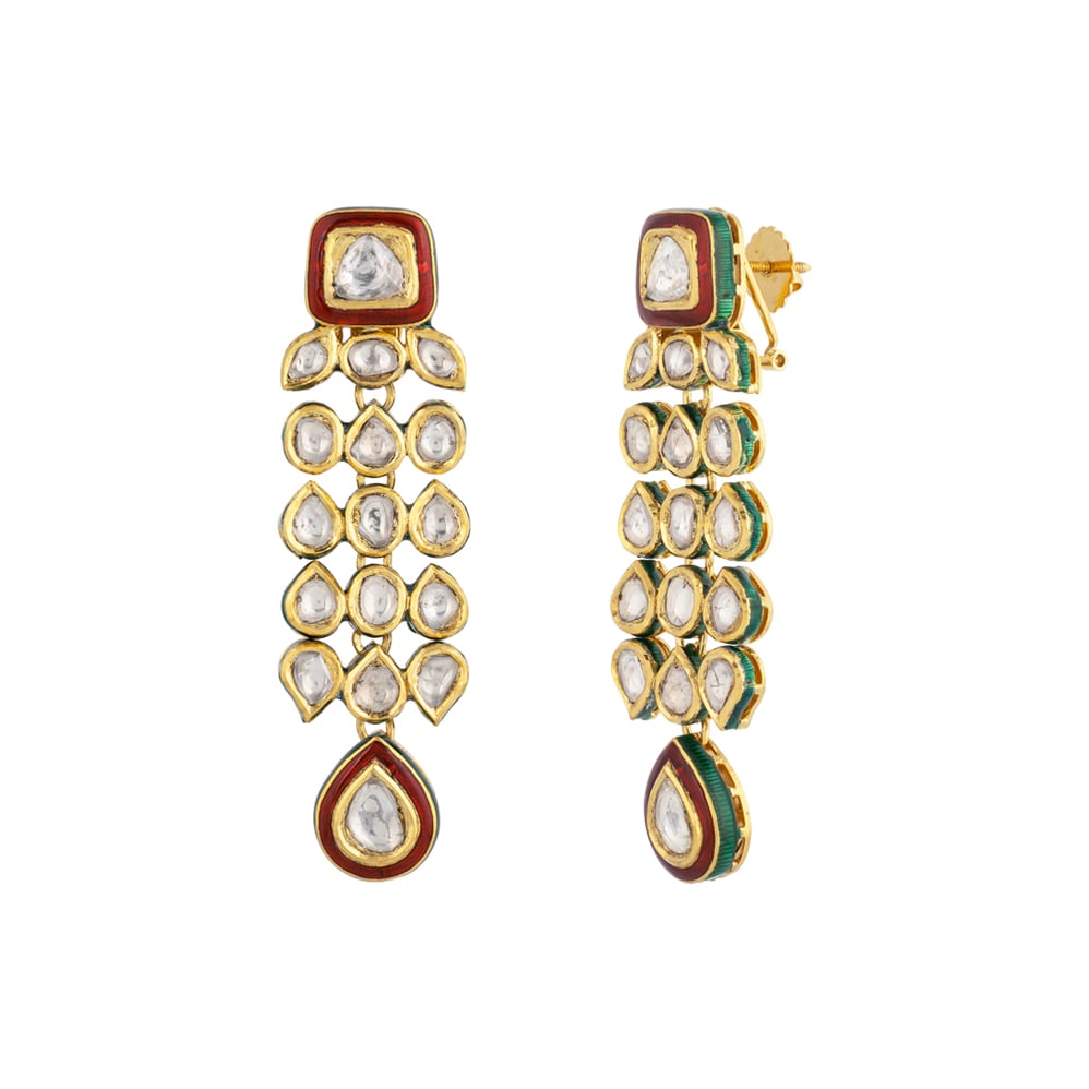 Cascading Polki Pendant with Red Enamel & Teardrop Polkis